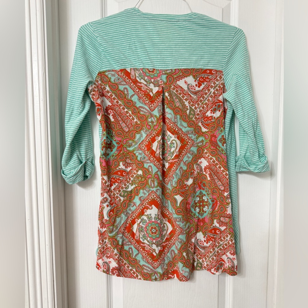 Westbound mint green white cotton striped tunic paisley 3/4 sleeve size S